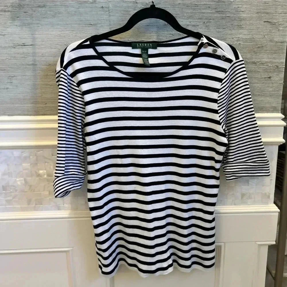 Lauren by ralph Lauren black white striped short sleeve top 100% cotton medium